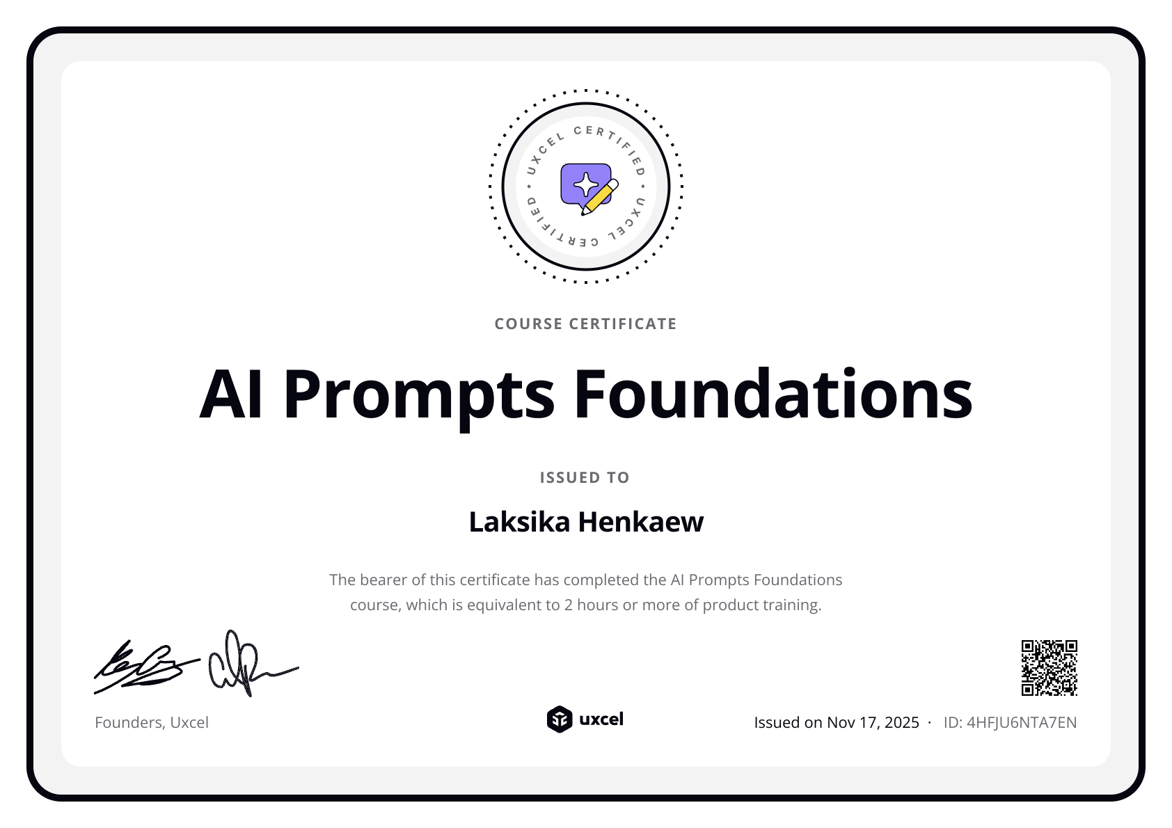 Laksika Henkaew's certificate